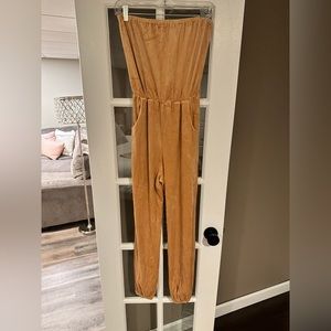Kittenish Velour Jumpsuit in Tan